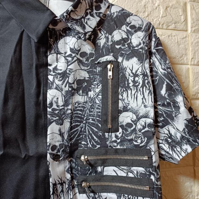 ROMWE★メンズ★スカル+ジップデザイン半袖シャツ/L < 男性ファッション  ROMWE★メンズ★スカル+ジップデザイン半袖シャツ/L < 男性ファッションの