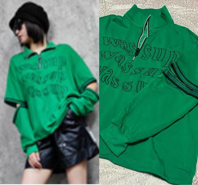 刺繍英字柄 フロントジップ tシャツ カットソー グリーン 大きいサイズ < 女性ファッション 刺繍英字柄 フロントジップ tシャツ カットソー グリーン 大きいサイズ < 女性ファッションの