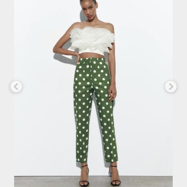 ◆ZARA/ザラ◆リネンブレンドハイウエストパンツ★グリーン×ドットM*♪ < ブランド ◆ZARA/ザラ◆リネンブレンドハイウエストパンツ★グリーン×ドットM*♪ < ブランドの