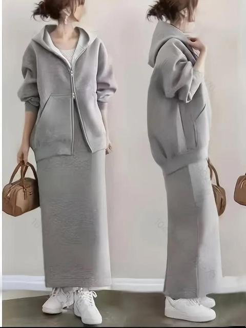 爆ヤス3290円★新春秋フード付きジッパースウェータージャケット+スカート2ピーススーツ USAサイズM(日本サイズL相当)グレー < 女性ファッション 爆ヤス3290円★新春秋フード付きジッパースウェータージャケット+スカート2ピーススーツ USAサイズM(日本サイズL相当)グレー < 女性ファッションの