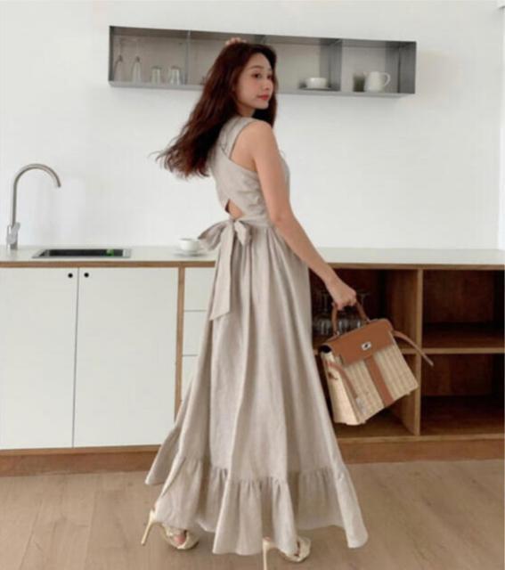 BIRTHDAYBASHBBバースデーバッシュバッククロスリネンワンピースロングマキシリボンオープンバックシャンベージュ < 女性ファッション BIRTHDAYBASHBBバースデーバッシュバッククロスリネンワンピースロングマキシリボンオープンバックシャンベージュ < 女性ファッションの