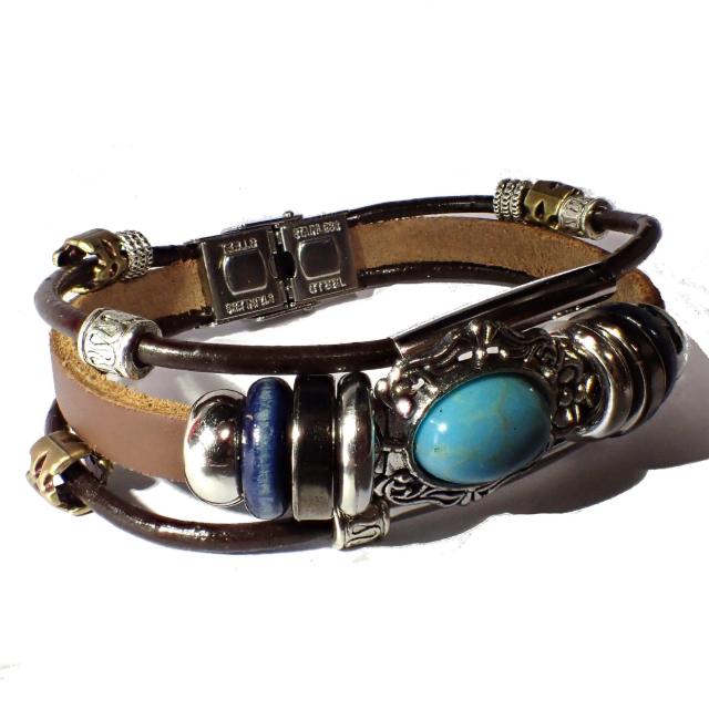 三連 ターコイズブルー レザーブレスレット 茶色 インディアン アクセサリー バングル リストバンド < 男性アクセサリー/時計  三連 ターコイズブルー レザーブレスレット 茶色 インディアン アクセサリー バングル リストバンド  < 男性アクセサリー/時計の