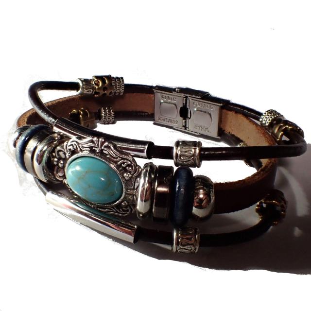 三連 ターコイズブルー レザーブレスレット 茶色 インディアン アクセサリー バングル リストバンド < 男性アクセサリー/時計  三連 ターコイズブルー レザーブレスレット 茶色 インディアン アクセサリー バングル リストバンド < 男性アクセサリー/時計の