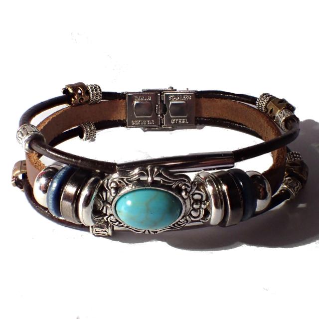 三連 ターコイズブルー レザーブレスレット 茶色 インディアン アクセサリー バングル リストバンド < 男性アクセサリー/時計  三連 ターコイズブルー レザーブレスレット 茶色 インディアン アクセサリー バングル リストバンド < 男性アクセサリー/時計の