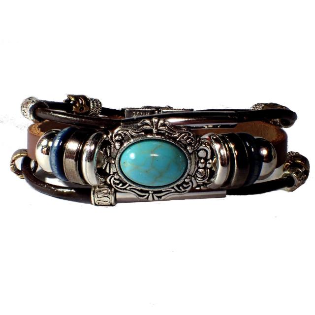 三連 ターコイズブルー レザーブレスレット 茶色 インディアン アクセサリー バングル リストバンド < 男性アクセサリー/時計  三連 ターコイズブルー レザーブレスレット 茶色 インディアン アクセサリー バングル リストバンド < 男性アクセサリー/時計の