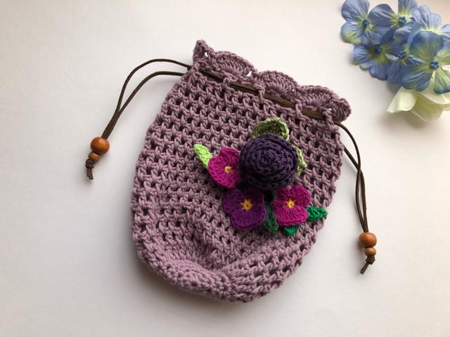 ハンドメイド  ポーチ 巻き巻き薔薇とすみれ♪ コットン 紫 < 女性ファッション  ハンドメイド  ポーチ 巻き巻き薔薇とすみれ♪ コットン 紫 < 女性ファッションの