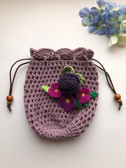 ハンドメイド  ポーチ 巻き巻き薔薇とすみれ♪ コットン 紫 < 女性ファッション  ハンドメイド  ポーチ 巻き巻き薔薇とすみれ♪ コットン 紫 < 女性ファッションの