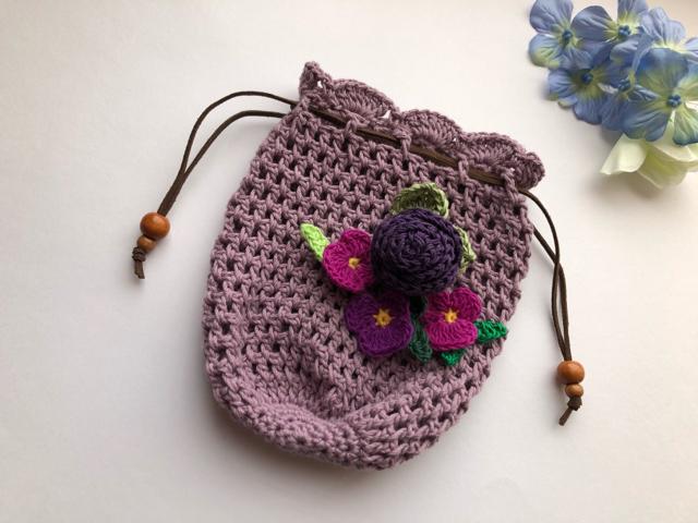ハンドメイド  ポーチ 巻き巻き薔薇とすみれ♪ コットン 紫 < 女性ファッション  ハンドメイド  ポーチ 巻き巻き薔薇とすみれ♪ コットン 紫 < 女性ファッションの