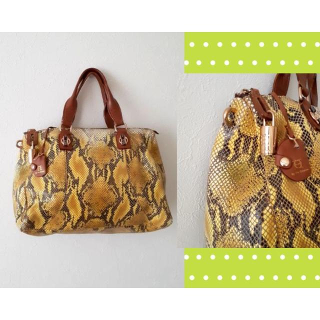 JOY GRYSON ジョイグライソン◆可愛い♪イエロー パイソン柄 ボストンバッグ 南京錠 キー付き < 女性ファッション  JOY GRYSON ジョイグライソン◆可愛い♪イエロー パイソン柄 ボストンバッグ 南京錠 キー付き  < 女性ファッションの