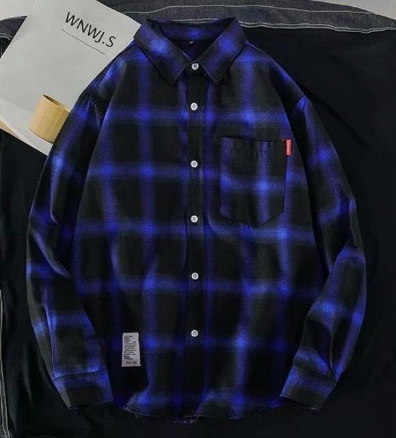 メンズ シャツ 長袖 春秋 格子柄 長袖シャツ チェック柄 ブルー XL < 男性ファッション メンズ シャツ 長袖 春秋 格子柄 長袖シャツ チェック柄 ブルー XL < 男性ファッションの