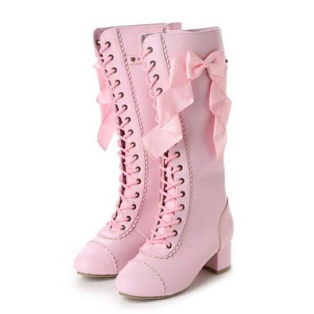 送料無料! 新品未使用クイーンビー レディ リボン ロングブーツ(ピンク) < 女性ファッション  送料無料! 新品未使用クイーンビー レディ リボン ロングブーツ(ピンク)  < 女性ファッションの