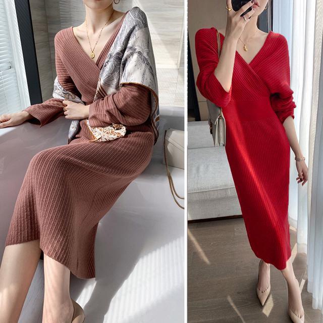 送料無料 新品 カシュクールニットワンピース 韓国風 < 女性ファッション  送料無料 新品 カシュクールニットワンピース 韓国風 < 女性ファッションの