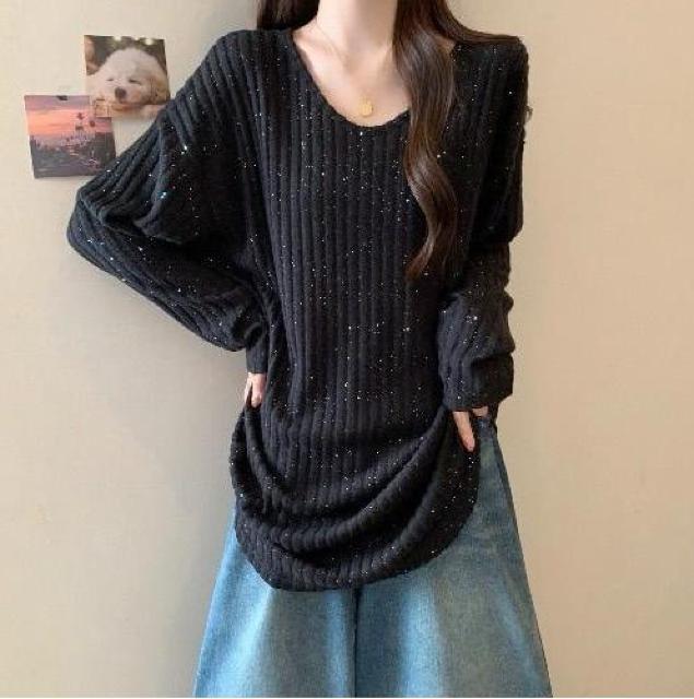 Vネック ストライプ柄 キラキララメ入り 薄手 ゆったり ニット ロング ブラック 大きいサイズ < 女性ファッション Vネック ストライプ柄 キラキララメ入り 薄手 ゆったり ニット ロング ブラック 大きいサイズ < 女性ファッションの