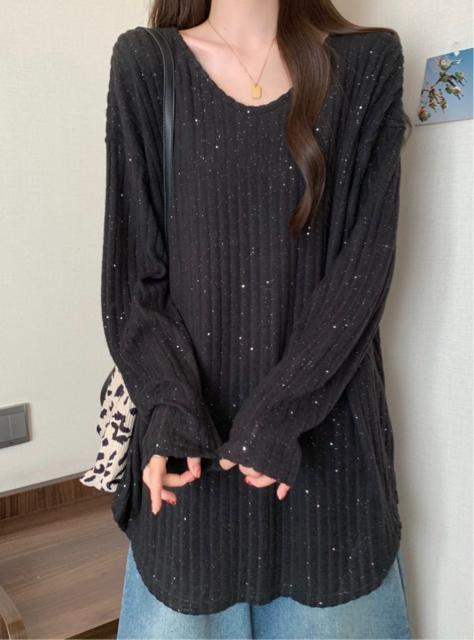 Vネック ストライプ柄 キラキララメ入り 薄手 ゆったり ニット ロング ブラック 大きいサイズ < 女性ファッション Vネック ストライプ柄 キラキララメ入り 薄手 ゆったり ニット ロング ブラック 大きいサイズ < 女性ファッションの