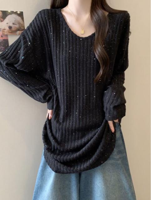 Vネック ストライプ柄 キラキララメ入り 薄手 ゆったり ニット ロング ブラック 大きいサイズ < 女性ファッション Vネック ストライプ柄 キラキララメ入り 薄手 ゆったり ニット ロング ブラック 大きいサイズ < 女性ファッションの