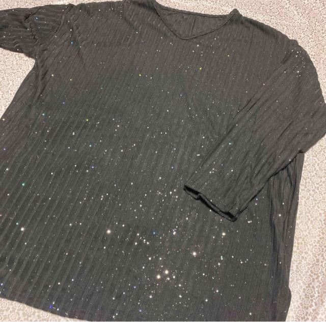 Vネック ストライプ柄 キラキララメ入り 薄手 ゆったり ニット ロング ブラック 大きいサイズ < 女性ファッション Vネック ストライプ柄 キラキララメ入り 薄手 ゆったり ニット ロング ブラック 大きいサイズ < 女性ファッションの