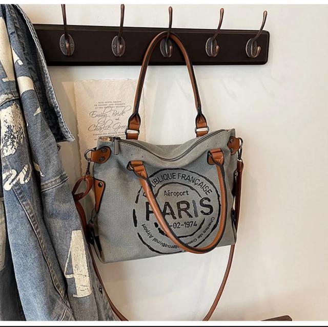 PARISロゴ 2WAY トートバッグ ショルダー付き キャンバスバッグ レディース 通勤 通学 旅行 大容量 おしゃれ 高見え < 女性ファッション PARISロゴ 2WAY トートバッグ ショルダー付き キャンバスバッグ レディース 通勤 通学 旅行 大容量 おしゃれ 高見え < 女性ファッションの