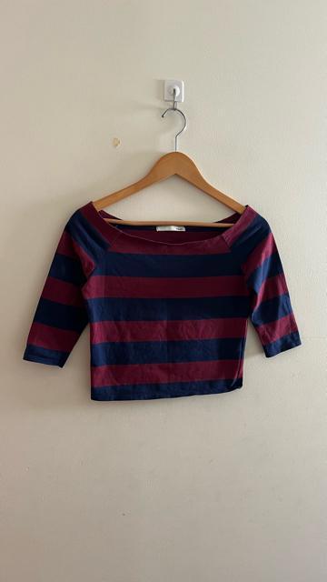moussy マウジー 五分袖 ショート丈 ボーダーtシャツ 半袖tシャツ ボーダー 赤×紺 サイズ2 < ブランド  moussy マウジー 五分袖 ショート丈 ボーダーtシャツ 半袖tシャツ ボーダー 赤×紺 サイズ2  < ブランドの