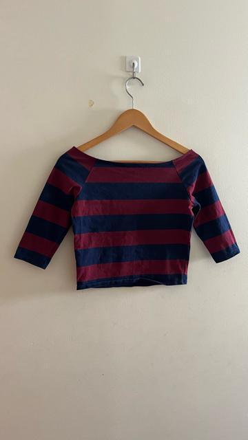 moussy マウジー 五分袖 ショート丈 ボーダーtシャツ 半袖tシャツ ボーダー 赤×紺 サイズ2 < ブランド  moussy マウジー 五分袖 ショート丈 ボーダーtシャツ 半袖tシャツ ボーダー 赤×紺 サイズ2 < ブランドの