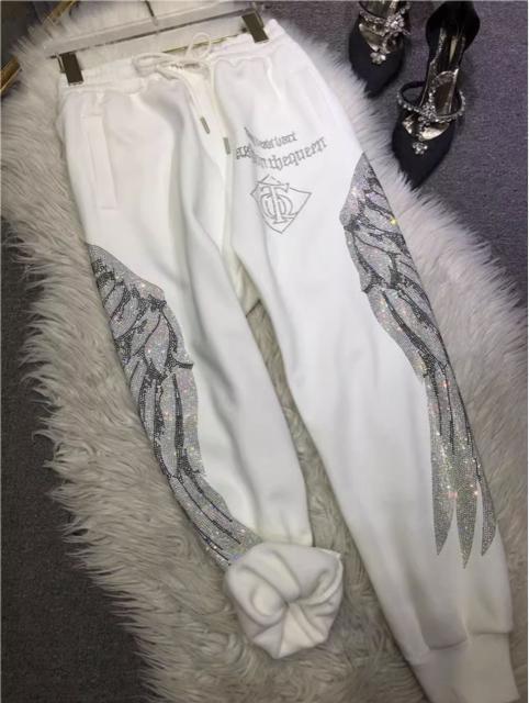 裏起毛 キラキララインストーン 天使の羽柄 トレーナーパンツ ホワイト 大きいサイズ < 女性ファッション 裏起毛 キラキララインストーン 天使の羽柄 トレーナーパンツ ホワイト 大きいサイズ < 女性ファッションの
