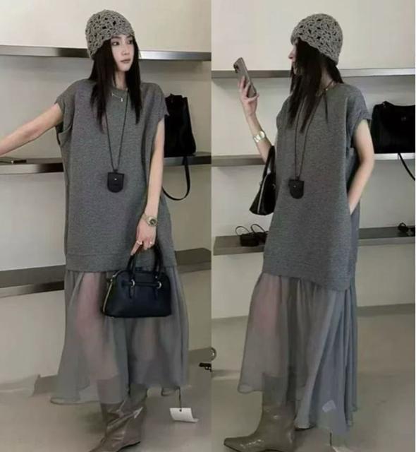 ロング丈ワンピース 異素材 シフォン切り替え グレー 大きいサイズ < 女性ファッション ロング丈ワンピース 異素材 シフォン切り替え グレー 大きいサイズ < 女性ファッションの