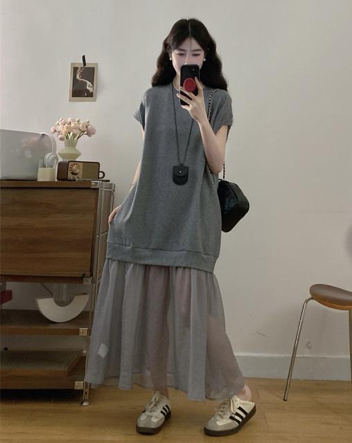 ロング丈ワンピース 異素材 シフォン切り替え グレー 大きいサイズ < 女性ファッション ロング丈ワンピース 異素材 シフォン切り替え グレー 大きいサイズ < 女性ファッションの