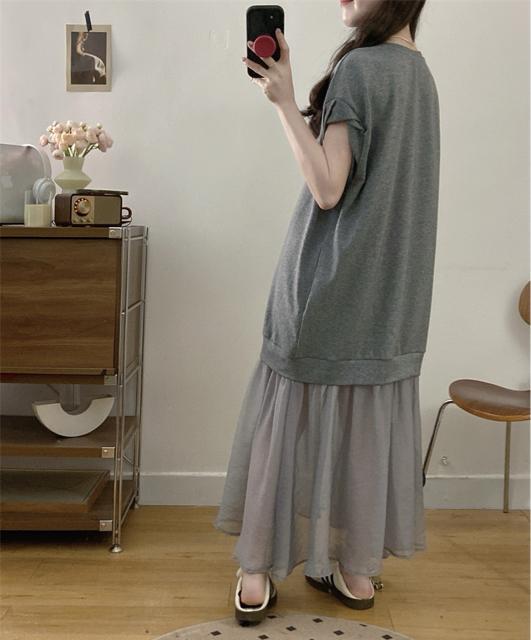 ロング丈ワンピース 異素材 シフォン切り替え グレー 大きいサイズ < 女性ファッション ロング丈ワンピース 異素材 シフォン切り替え グレー 大きいサイズ < 女性ファッションの