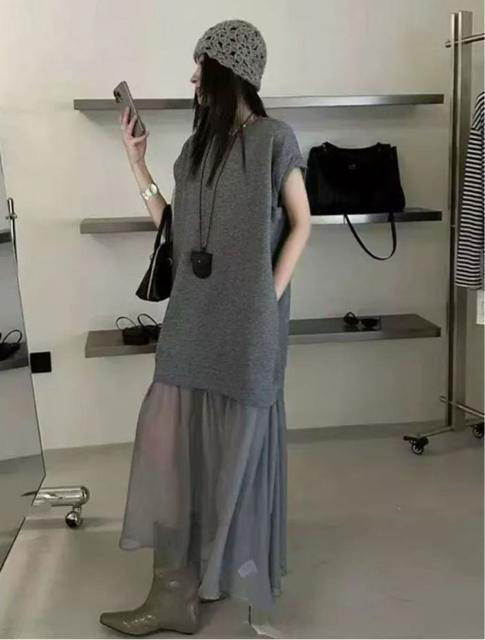 ロング丈ワンピース 異素材 シフォン切り替え グレー 大きいサイズ < 女性ファッション ロング丈ワンピース 異素材 シフォン切り替え グレー 大きいサイズ < 女性ファッションの