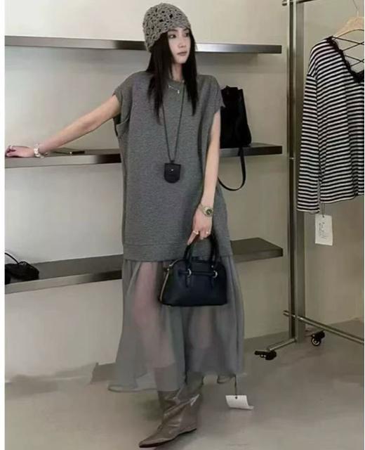 ロング丈ワンピース 異素材 シフォン切り替え グレー 大きいサイズ < 女性ファッション ロング丈ワンピース 異素材 シフォン切り替え グレー 大きいサイズ < 女性ファッションの