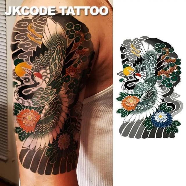 超お買い得690円★ タトゥーシール2枚セット - 神話の赤い冠の鶴のトーテムデザイン、腕と背中用、リアルな長持ち(3-5日) < 女性ファッション  超お買い得690円★ タトゥーシール2枚セット - 神話の赤い冠の鶴のトーテムデザイン、腕と背中用、リアルな長持ち(3-5日) < 女性ファッションの