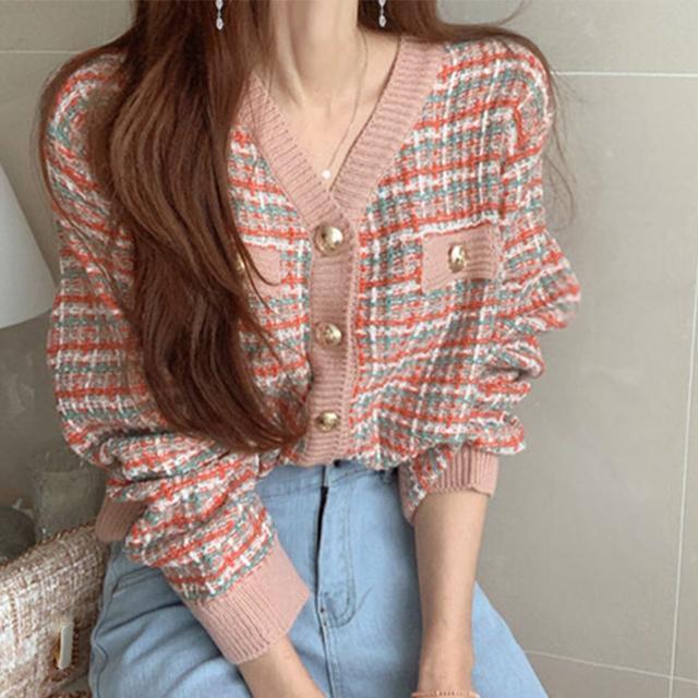 送料無料 新品 チェック柄 ニットカーディガン 春秋冬 < 女性ファッション  送料無料 新品 チェック柄 ニットカーディガン 春秋冬 < 女性ファッションの