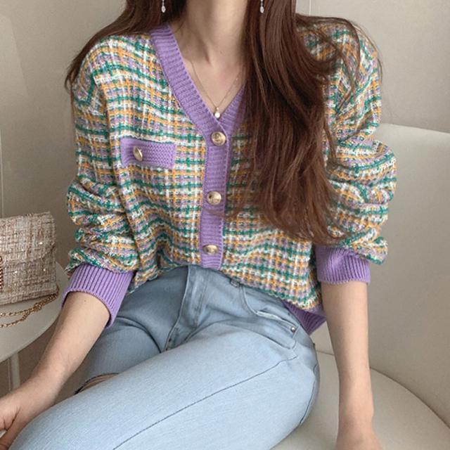 送料無料 新品 チェック柄 ニットカーディガン 春秋冬 < 女性ファッション  送料無料 新品 チェック柄 ニットカーディガン 春秋冬 < 女性ファッションの