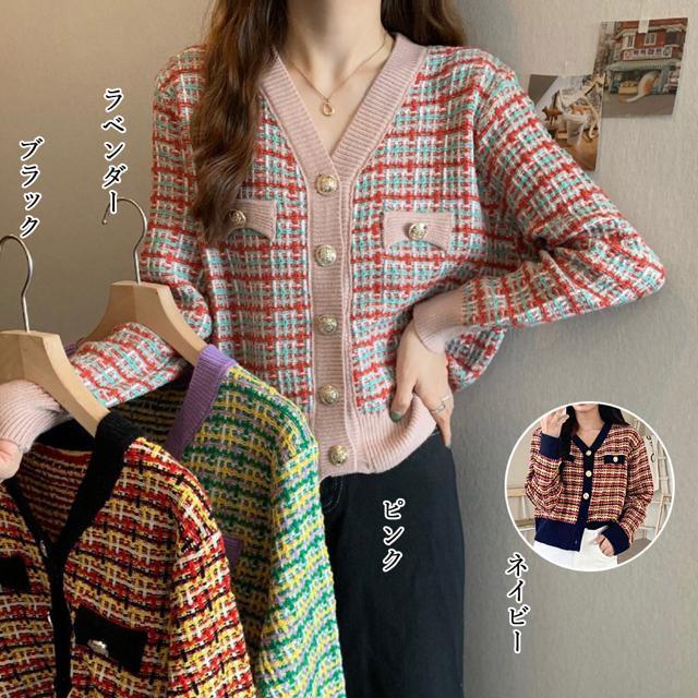 送料無料 新品 チェック柄 ニットカーディガン 春秋冬 < 女性ファッション  送料無料 新品 チェック柄 ニットカーディガン 春秋冬 < 女性ファッションの