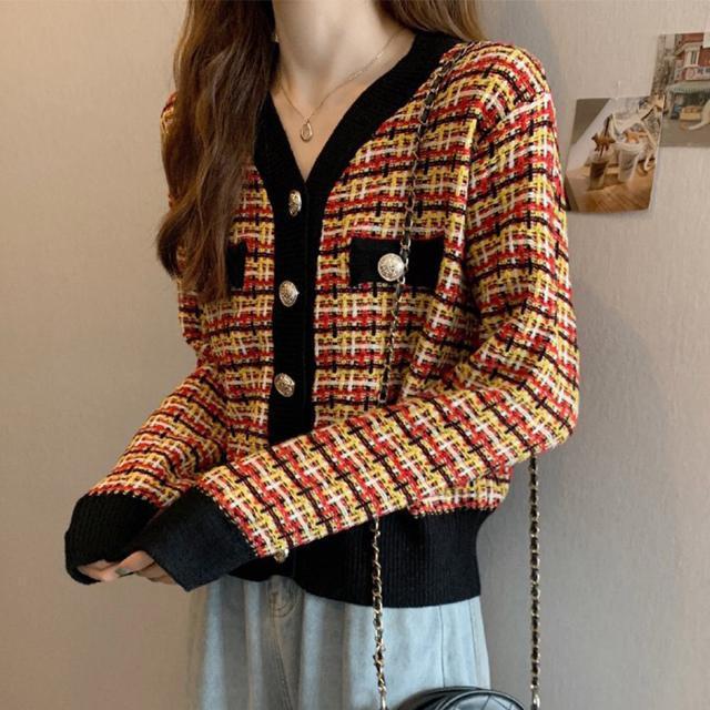 送料無料 新品 チェック柄 ニットカーディガン 春秋冬 < 女性ファッション  送料無料 新品 チェック柄 ニットカーディガン 春秋冬 < 女性ファッションの