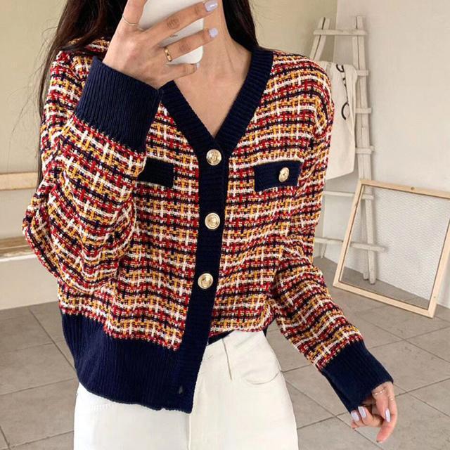 送料無料 新品 チェック柄 ニットカーディガン 春秋冬 < 女性ファッション  送料無料 新品 チェック柄 ニットカーディガン 春秋冬 < 女性ファッションの