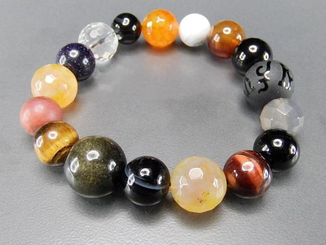 一点物大玉多種天然石オニキス六字真言フロスト水晶ブレスレット902-027a < 男性アクセサリー/時計 一点物大玉多種天然石オニキス六字真言フロスト水晶ブレスレット902-027a < 男性アクセサリー/時計の