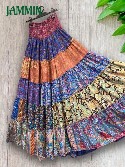 アジアン柄段々フレアスカート ロングスカート アジアン ヒッピー エスニック 衣装 < 女性ファッション  アジアン柄段々フレアスカート ロングスカート アジアン ヒッピー エスニック 衣装 < 女性ファッションの