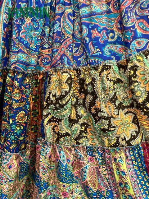 アジアン柄段々フレアスカート ロングスカート アジアン ヒッピー エスニック 衣装 < 女性ファッション  アジアン柄段々フレアスカート ロングスカート アジアン ヒッピー エスニック 衣装 < 女性ファッションの