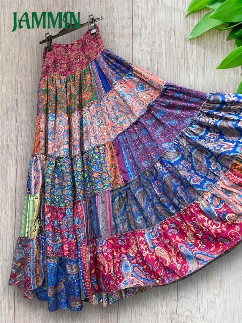 アジアン柄段々フレアスカート ロングスカート アジアン ヒッピー エスニック 衣装 < 女性ファッション  アジアン柄段々フレアスカート ロングスカート アジアン ヒッピー エスニック 衣装 < 女性ファッションの