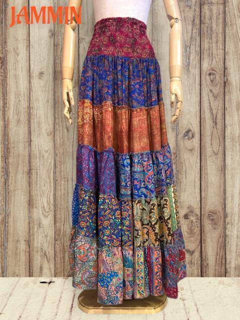 アジアン柄段々フレアスカート ロングスカート アジアン ヒッピー エスニック 衣装 < 女性ファッション  アジアン柄段々フレアスカート ロングスカート アジアン ヒッピー エスニック 衣装 < 女性ファッションの