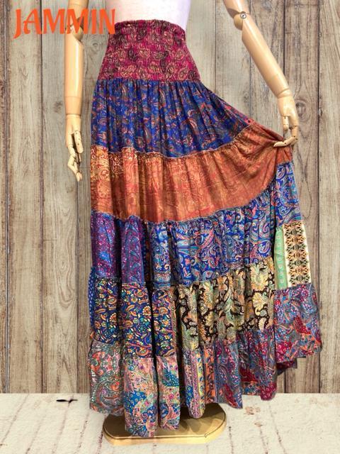 アジアン柄段々フレアスカート ロングスカート アジアン ヒッピー エスニック 衣装 < 女性ファッション  アジアン柄段々フレアスカート ロングスカート アジアン ヒッピー エスニック 衣装 < 女性ファッションの