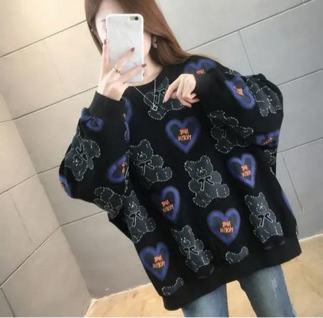 ゆったり トレーナー クマ柄 ブラック 大きいサイズ < 女性ファッション ゆったり トレーナー クマ柄 ブラック 大きいサイズ < 女性ファッションの
