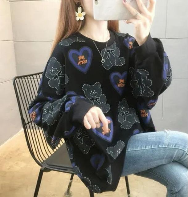 ゆったり トレーナー クマ柄 ブラック 大きいサイズ < 女性ファッション ゆったり トレーナー クマ柄 ブラック 大きいサイズ < 女性ファッションの