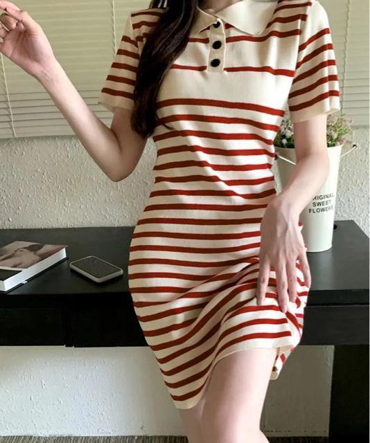 送料無料 新品 ボーダー柄ニットワンピースポロワンピース < 女性ファッション  送料無料 新品 ボーダー柄ニットワンピースポロワンピース < 女性ファッションの