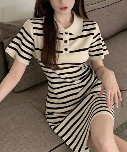 送料無料 新品 ボーダー柄ニットワンピースポロワンピース < 女性ファッション  送料無料 新品 ボーダー柄ニットワンピースポロワンピース < 女性ファッションの