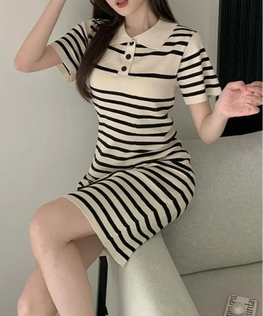 送料無料 新品 ボーダー柄ニットワンピースポロワンピース < 女性ファッション  送料無料 新品 ボーダー柄ニットワンピースポロワンピース < 女性ファッションの