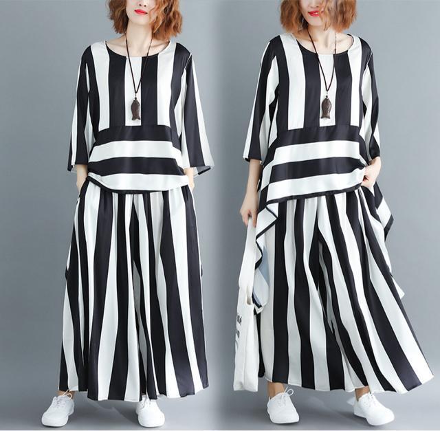 セットアップ ボーダーストライプ柄 フレアブラウス ガウチョパンツ  バイカラー  大きいサイズ < 女性ファッション  セットアップ ボーダーストライプ柄 フレアブラウス ガウチョパンツ  バイカラー  大きいサイズ  < 女性ファッションの