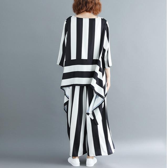 セットアップ ボーダーストライプ柄 フレアブラウス ガウチョパンツ  バイカラー  大きいサイズ < 女性ファッション  セットアップ ボーダーストライプ柄 フレアブラウス ガウチョパンツ  バイカラー  大きいサイズ < 女性ファッションの
