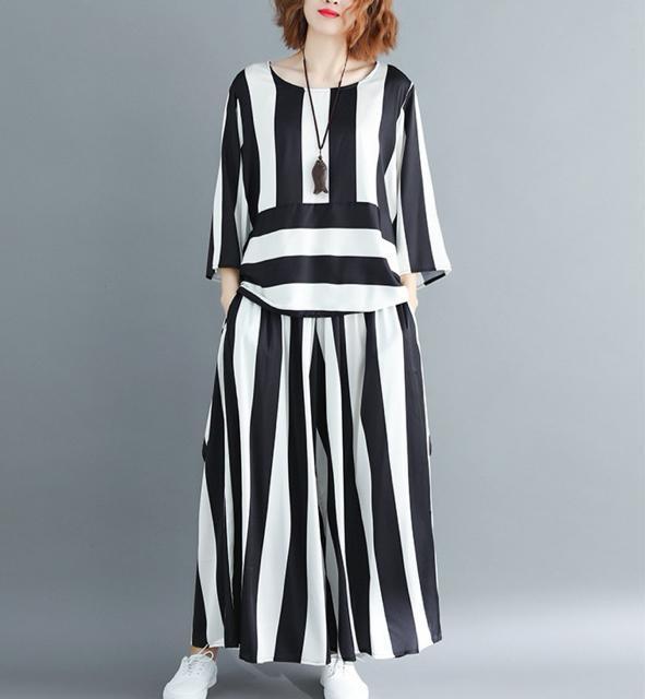 セットアップ ボーダーストライプ柄 フレアブラウス ガウチョパンツ  バイカラー  大きいサイズ < 女性ファッション  セットアップ ボーダーストライプ柄 フレアブラウス ガウチョパンツ  バイカラー  大きいサイズ < 女性ファッションの