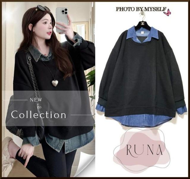 〜3L4L5L*重ね着風デニムドッキングプルオーバートレ < 女性ファッション 〜3L4L5L*重ね着風デニムドッキングプルオーバートレ < 女性ファッションの